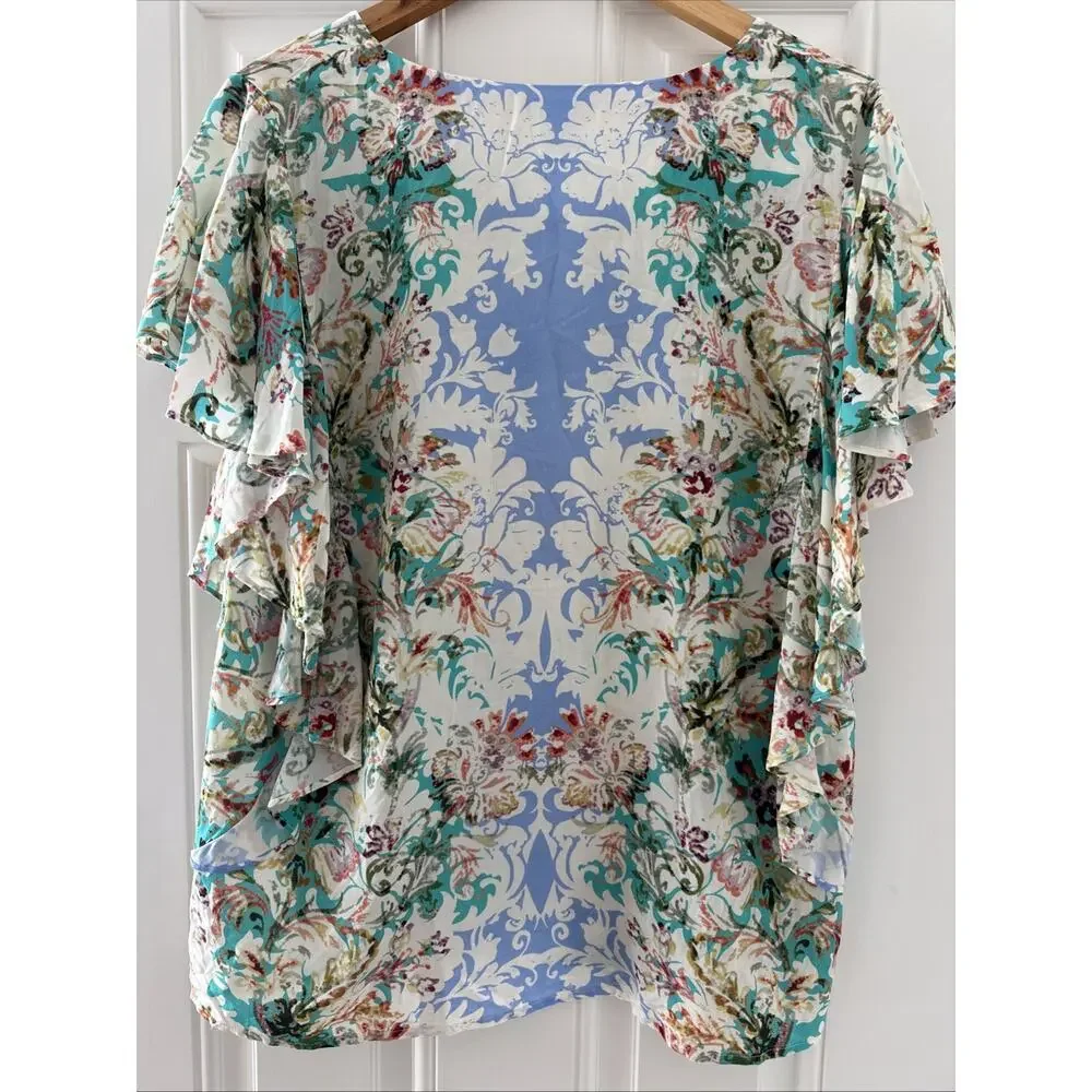 Sundance Small S Arabella Flutter Sleeve Floral Print Rayon V Neck Blouse Top‎